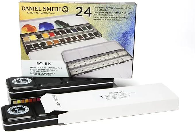 Daniel Smith Color Hand Poured Pan Set with BONUS Metal Box and Empty Half Pans, 24 Units (Pack of 1)