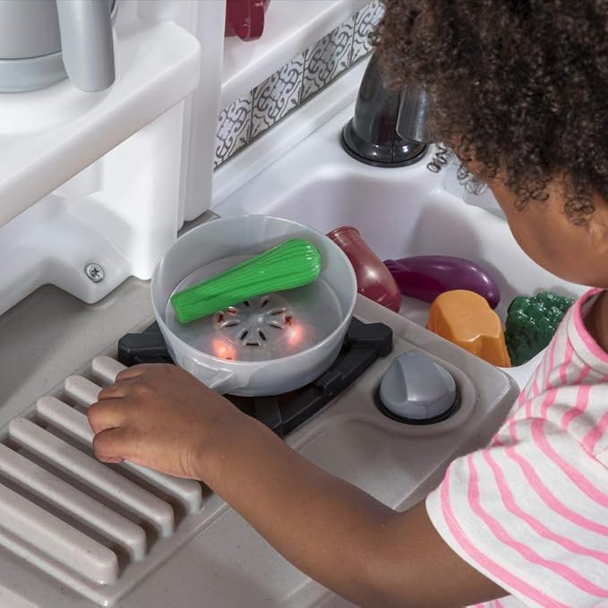Step2 Timeless Trends Kids Kitchen Playset, Indoor/Outdoor Kitchenette, Interactive Play with Lights and Sounds, Made of Durable Plastic, Includes 21 Piece Toy Accessories, for Toddlers 2+ Years Old