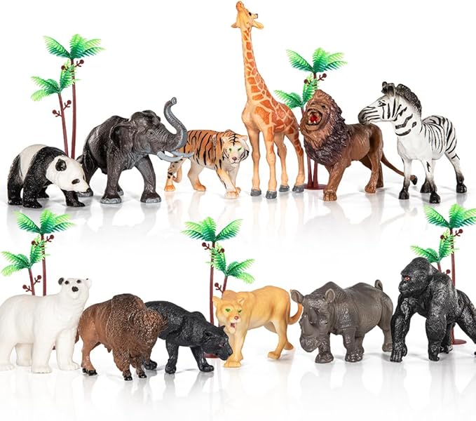 TEMI 12 Pack Zoo and Safari Animal Toys for Kids 3-5 Years, Jungle Wild Animal Figures Playset Including Lion, Tiger, Panda and A Playmat, Dinosaur Toys, Party Toys for Toddlers Boys and Girls
