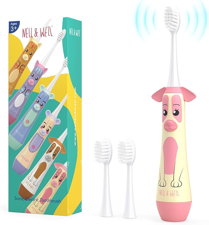 NELL&WELL Kids Electric Toothbrush, 2-Min Timer, 3 Modes with Memory, IPX 7 Waterproof, Battery Powered Kids Toothbrush with 3 Soft Bristles Heads for Children Boys and Girls Ages 3+…