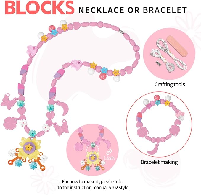 Building Blocks Toys Set for Kids Creative DIY Stacking STEM Educational Toys Fun Preschool Building Toy Includes Necklaces, Bracelets, Rings, Crown, Glasses, Hairpins, Wand