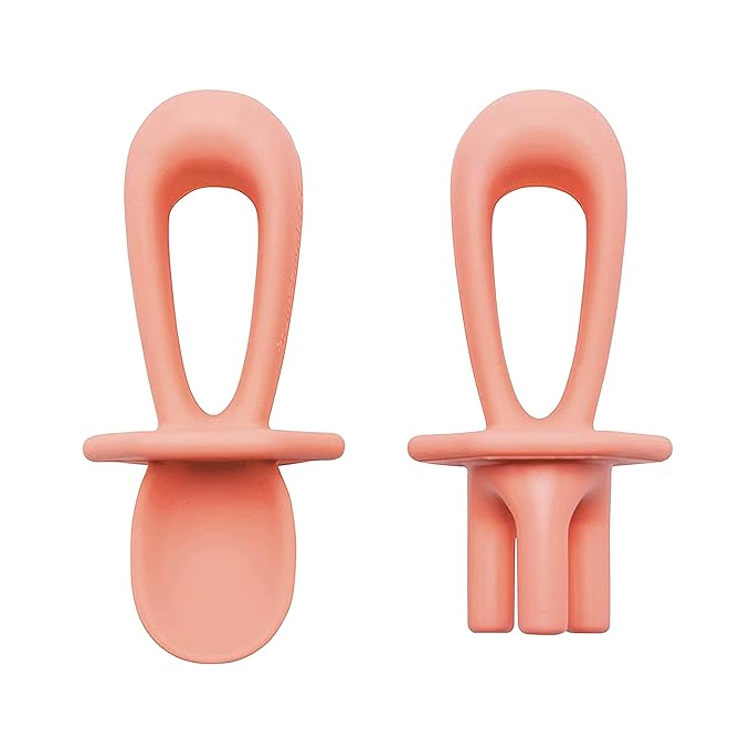 Tiny Twinkle Silicone Training Utensils - Baby Spoons and Baby Forks For Self-Feeding Training - Silicone Baby Led Weaning Utensils For Toddlers And Babies 6-24 Months - Baby Feeding Supplies (Coral)