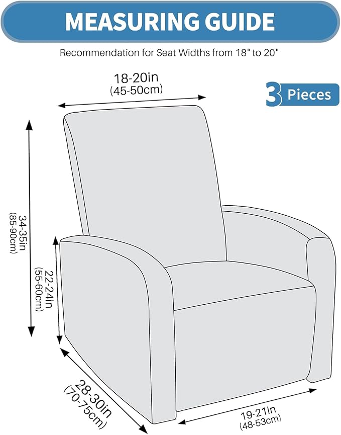 JIVINER 3 Piece Small Recliner Covers for Large Recliner with Pockets Stretch Jacquard Lazy Boy Reclining Couch Cover Soft Furniture Couch Protector with Elastic Bottom (1 Seater Small, Light Grey)