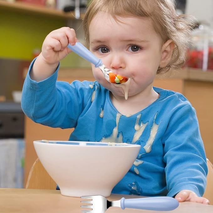 Pimoys 12 Pieces Toddler Utensils Kids Silverware Set Baby Forks and Spoons, Stainless Steel Childrens Safe Cutlery with Round Handle for Self Feeding, Dishwasher Safe
