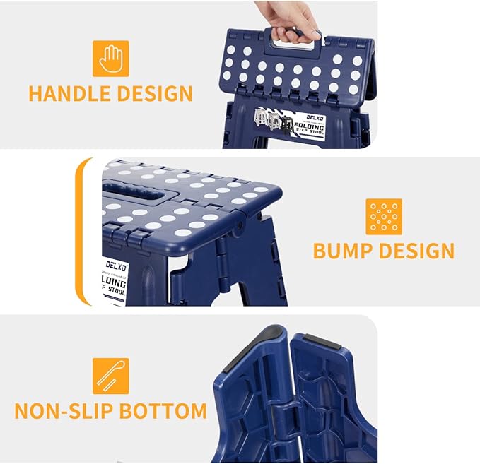 Delxo 16” Folding Step Stool in Royal Blue,1 Pack Premium Heavy Duty Foldable Stool for Adults,Portable Collapsible Plastic Step Stool,Non Slip Folding Stools for Kitchen Bathroom Bedroom Up to 400LBS