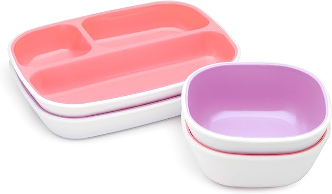 Munchkin® Splash™ 4 Piece Toddler Divided Plate and Bowl Dining Set, Pink/Purple