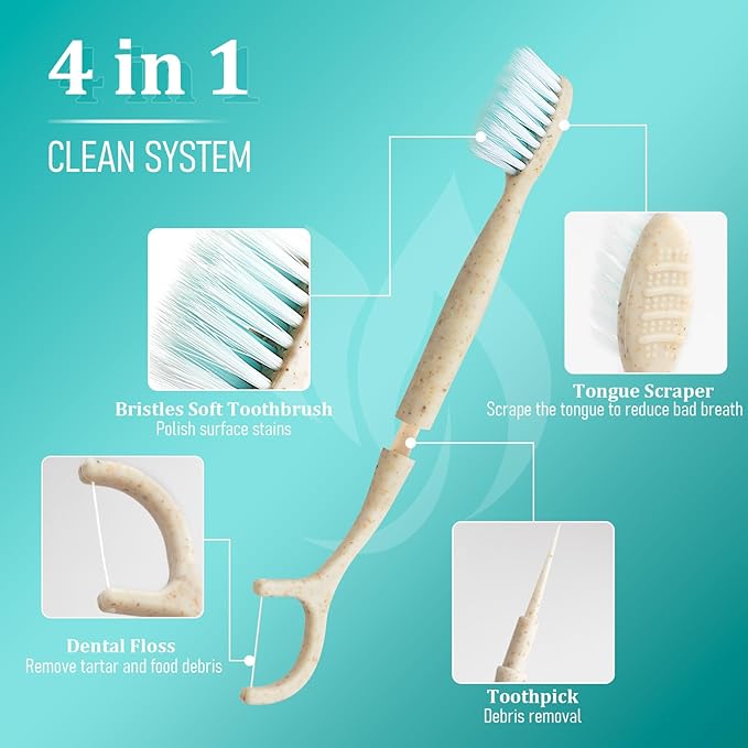 Travel Toothbrush Dental Floss Picks - 4 in 1 Biodegradable Disposable Toothbrushes with Tongue Scraper, Eco-Friendly Individually Wrapped Toothbrush for Adult Kids Travel Oral Care, 20 Pack