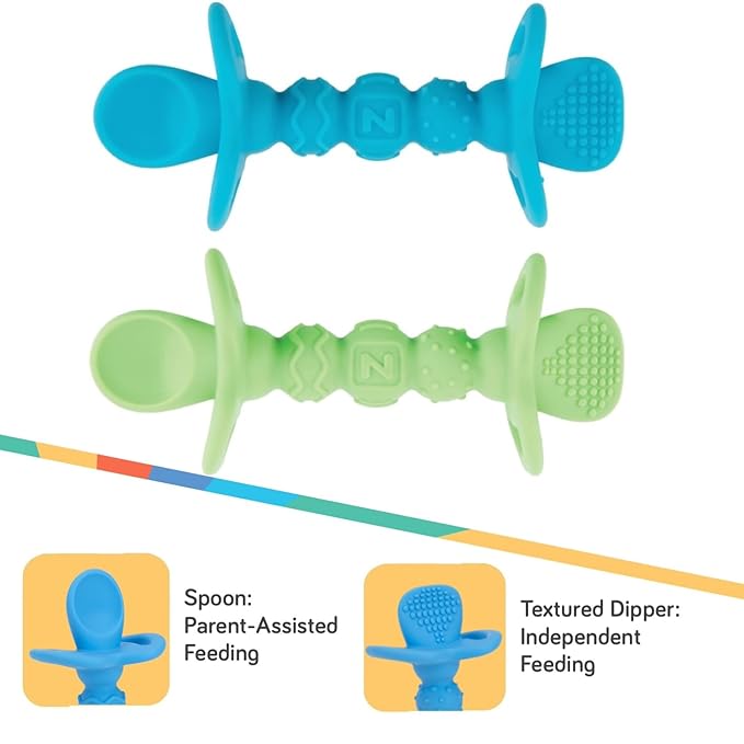 Nuby Dipeez 2 in 1 Silicone Spoons/Dipper, 2pk, Blue/Green