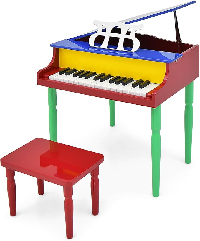 Goplus 30-Key Classical Kids Piano, Mini Grand Piano Wooden Learn-to-Play Musical Instrument Toy with Bench, Piano Lid, Music Rack, Gift for Boys Girls Aged 3+ Baby Toddler (4 Straight Leg-Colorful)