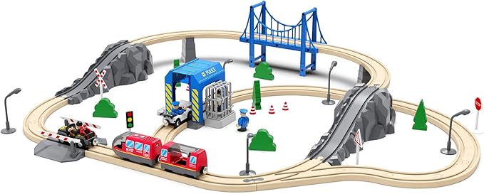 Wooden Train Tracks Accessories, Train Set Piece of Police Station Compatible with All Railroad Track Collection, Train Toys Expansion Pack for Kids Ages 3 and Up.