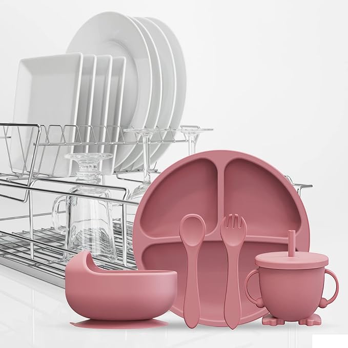 RyanLemon Baby Feeding Set, Baby Flatware Sets, Silicone Baby Led Weaning Set, Suction Plate and Bowl, Pocket Bib, Spoon Fork, Toddler Flatware Set for Babies 6 Months+, Pink