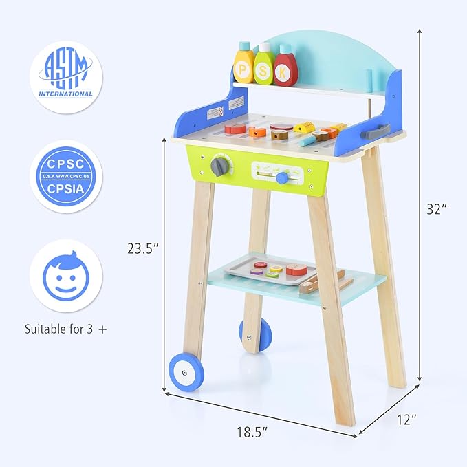 Costzon Kids Barbecue Grill Playset, Wooden Pretend Cooking Truck with 21 Play Food & Barbecue Accessories, Role Play BBQ Toy Set, Interactive Little Chef Cooking Play Stand for Girls & Boys Age 3+