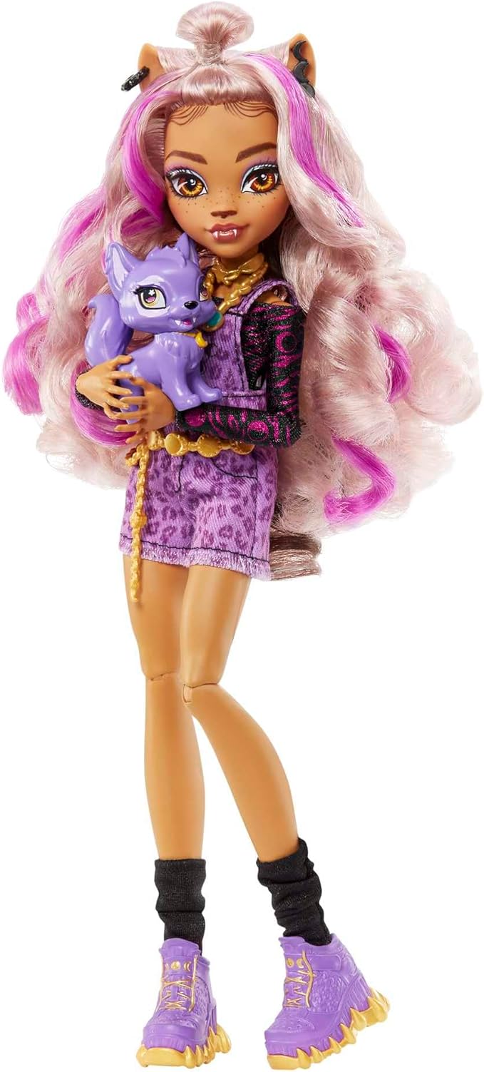 Monster High Doll, Clawdeen Wolf with Purple Streaked Hair in Signature Look with Fashion Accessories & Pet Dog Crescent