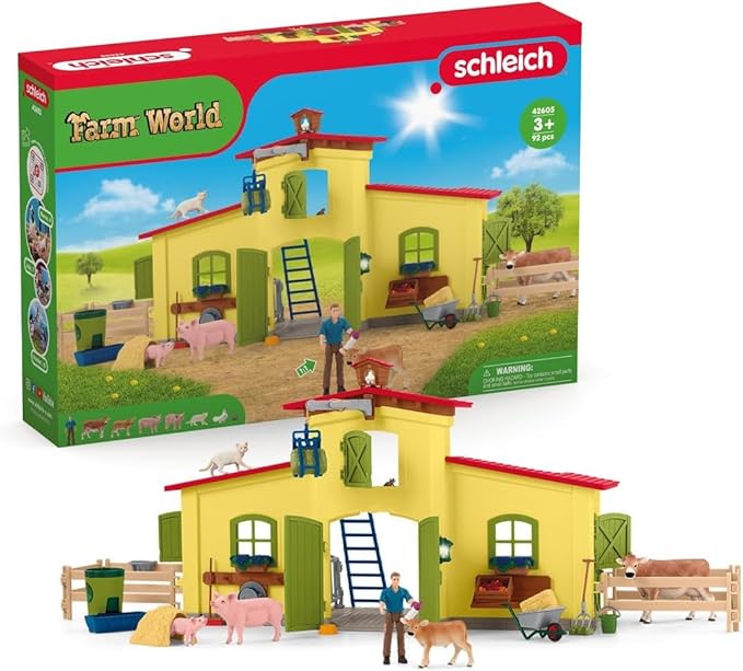 Schleich Farm World Animal Farm Playset with Figurine and Accessories - 92pc Kids Animal Farm Playset with Cow, Horse, Pig, Bull, and Accessories for Boys and Girls, Gift for Kids Age 3+, Yellow