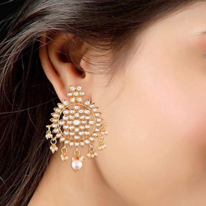 Aheli Ethnic Faux Kundan Drop Pearl Beads Dangle Earrings Maang Tikka Set Bollyood Fashion Jewelry for Women & Girls