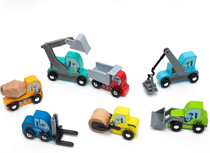 umu Construction Toy Cars 7 PCS Wooden Kids Mini Vehicles for Toddlers, Compatible to Thomas Train Toys Railway and Major Brands, Best for 3 to 5 Year Old Boys and Girls