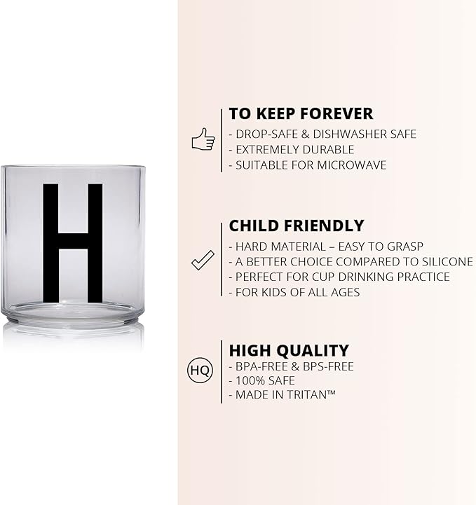 Design Letters Tritan Dinnerware Cups for Kids A-Z 6 Oz| Kids Glass Designed in Denmark for Baby Feeding | Toddler Cup for Drinking | Unbreakable Tableware for Baby|Stackable Tumbler Cup BPA/BPS Free