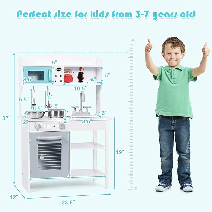 HONEY JOY Kids Kitchen Playset, Toddlers Wooden Play Kitchen Set w/Microwave, Sink, Stove & Oven, Cookware Utensils, Large Storage Shelf, Little Chef Pretend Play Toy Kitchen Set for Boy Girl Age 3+