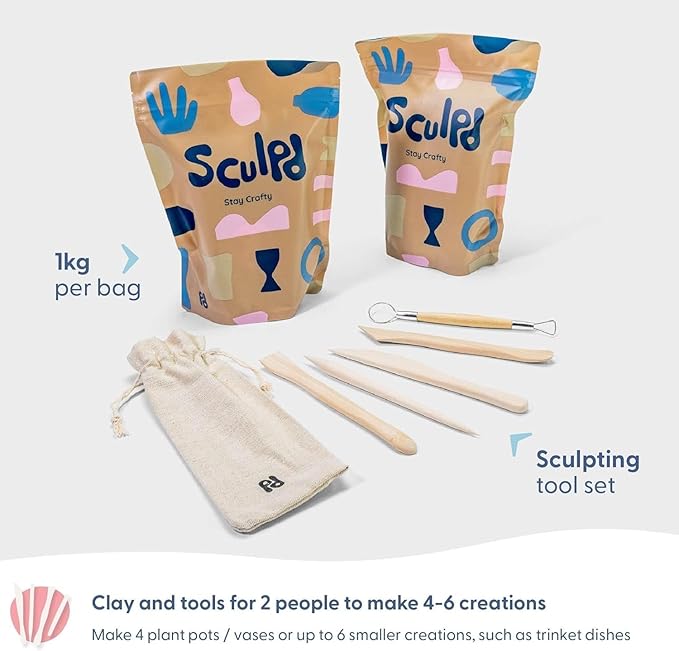 Sculpd Pottery Starter Kit - Complete Air Dry Clay Beginner Set for 2 Adults: Includes Sculpting Tools, Gloss Varnish, Paint Brushes, Guide, Video Tutorials & More - Date Night Gift, Arts Crafts Hobby