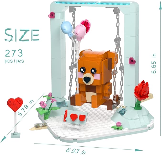 Nubee Valentine’s Brown Bear Building Toys Compatible for Lego, Cute Swing Bears Building Sets with Heart, Flowers, I Love You, Cupid's Arrow, Birthday Valentine Gifts for Boys Girls Aged 8+