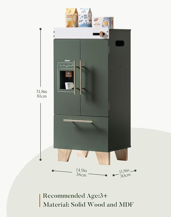 ROBUD Kids Play Kitchen - Vintage Green Refrigerator for Kids Kitchen Playset with Accessories - Pretend Toddlers' Kitchen Toy Fridge - Perfect Baby Gift for Ages 3-8