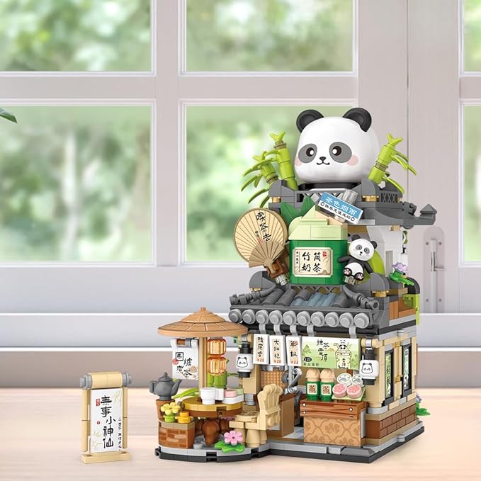 City Tea House Building Blocks Set, Openable Panda Construction Tea Shop Building Toys for Boys Girls Age 8+, 860pcs Mini Bricks (Not Compatible with Lego)