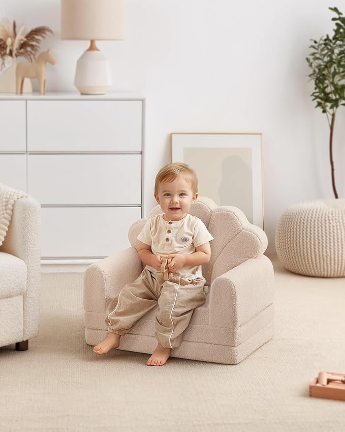 Blissful Diary Kids Couch, 2-in-1 Soft Toddler Couch Fold Out, Toddler Chair Comfy, Convertible Sofa to Lounger with Cute Shell Designs, Beige