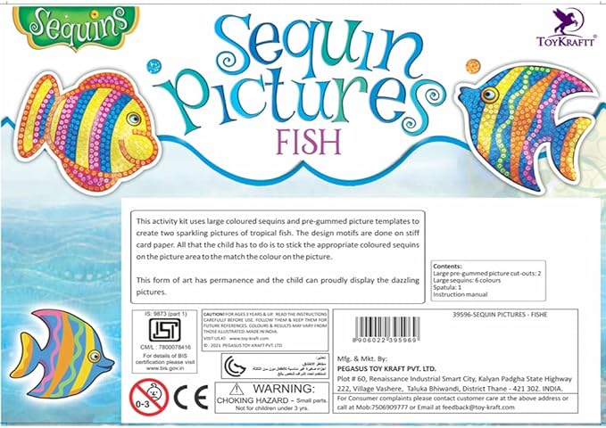 Toykraft Toddler Craft Kit, Peel and Stick Sequin Art Kit for Toddlers, Art and Craft Kit for Kids 3 to 5 Year Olds, Gift for Boys Girls - Sequin Pictures Fish