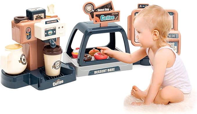 Jomifin Pretend Role Play Toy Coffee Shop for Boys and Girls with Coffee Maker Machine and Fake Donuts 41Pcs (Classic Edition)