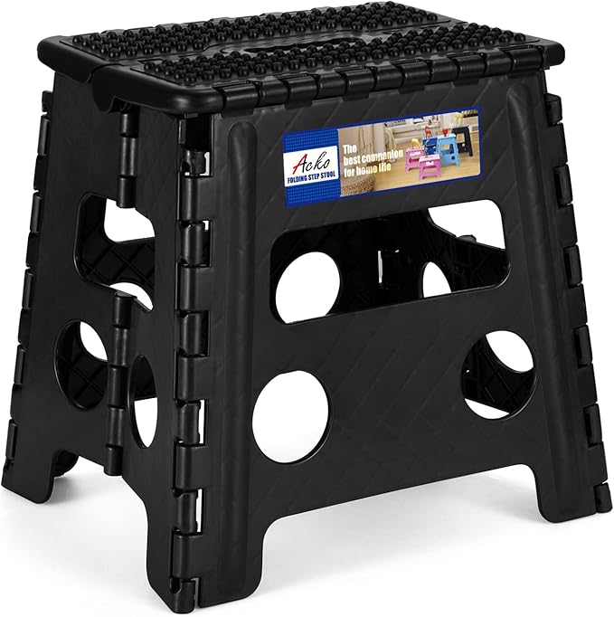 ACKO Folding Step Stool 13 inch Height Premium Heavy Duty Foldable Step Stools for Adults and Kids, Kitchen Plastic Small Collapsible Stepping Stool Hold Up to 300 LB Dot Black (1 Pack)