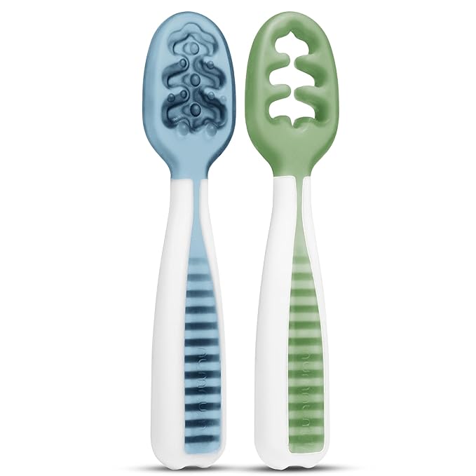 NumNum Baby Spoons Set, Pre-Spoon GOOtensils for Kids Aged 6+ Months - First Stage, Baby Led Weaning (BLW) Spoon - Self Feeding, Silicone Toddler Food Utensils - 2 Spoons, Blue/Green