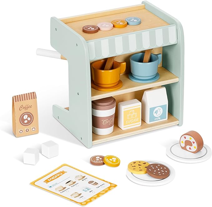 2-in-1 Kids Wooden Toy Coffee Maker Playset, Toddler Pretend Play Kitchen Food Small Coffee Shop with 28 Pcs Play Kitchen Accessories for Girls & Boys