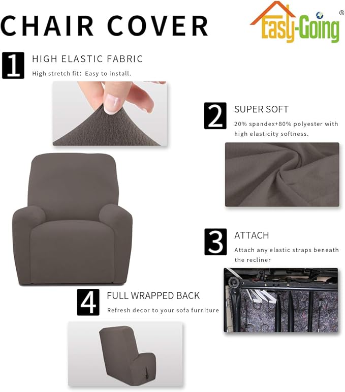 Easy-Going 4 Pieces Microfiber Stretch Recliner Slipcover – Spandex Soft Fitted Sofa Couch Cover, Washable Furniture Protector with Elastic Bottom for Kids, Pet(Recliner, Taupe)
