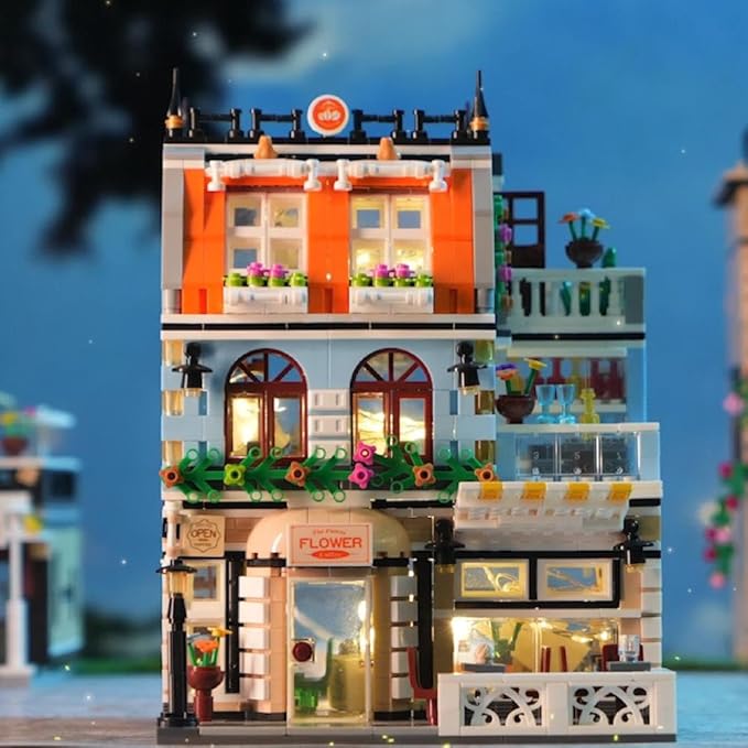 City Garden Hotel Building Blocks Toys Sets, City Street House Construction Toys with LED, 1300 Pieces Mini Bricks (Not Compatible with Lego)