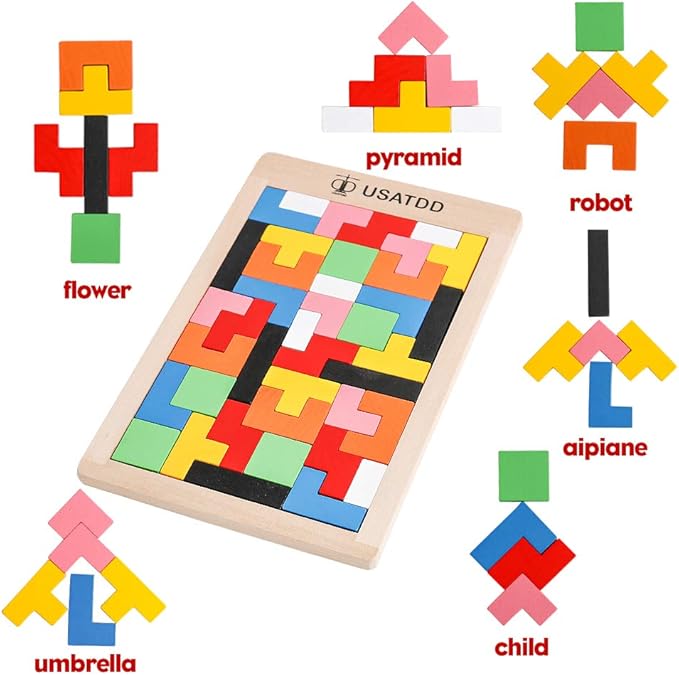 USATDD Wooden Puzzles Blocks Brain Teasers Toy Russian Tangram Colorful Jigsaw Game Montessori Intelligence STEM Preschool Educational Gift for Baby Toddlers Kids 3 4 5 6 7 Years Old Boys Girls 40Pcs