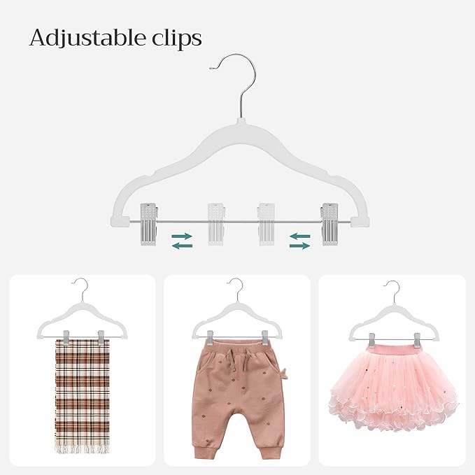 SONGMICS Baby Hangers, 30 Packs Pants Hangers with Clips, Kids Hangers with 6 Clothes Dividers, Non-Slip Children’s Clothes Hangers, Pants Hangers, White UCRF013W30