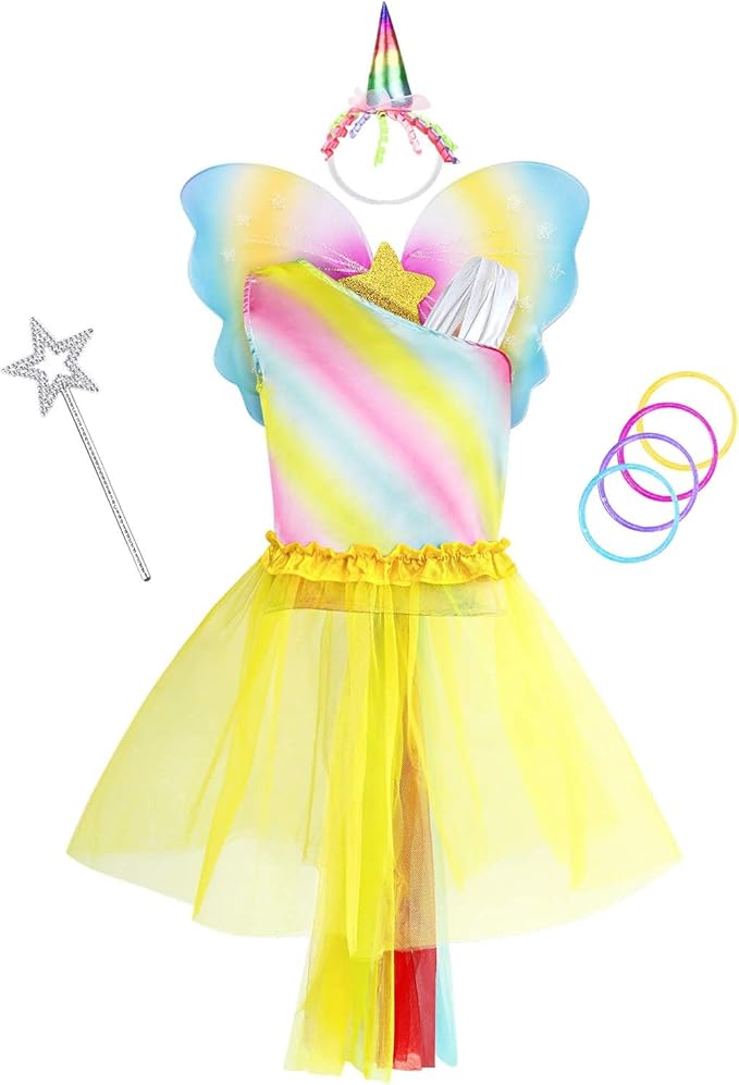 Jeowoqao Girls Princess Dress up Trunk Set 19 Pcs, Girls Rainbow Costume Set, Toddler Girls Dress up Clothes Pretend Play Costumes Set for Little Girl Ages 3 4 5 6