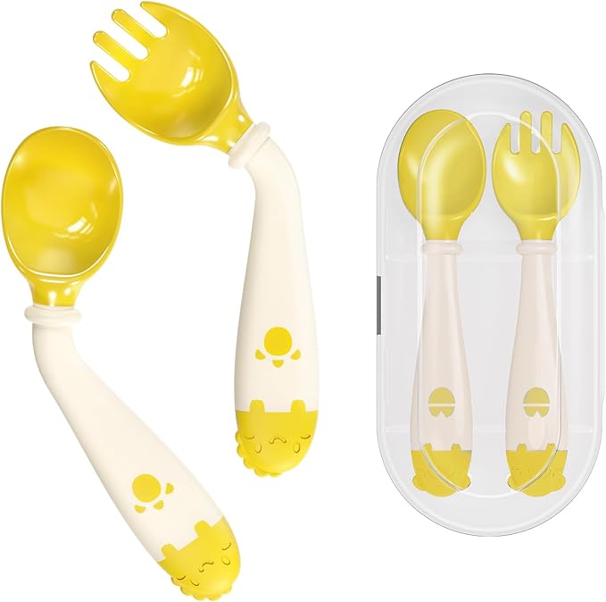 Deejoy Toddler Utensils, Self-feeding Flatware Set withTravel Case, Baby Spoons and Forks with Silicone Bendable Handle, Easy Grip Heat-Resistant, Ideal for Kids, Stage 2 (Yellow)