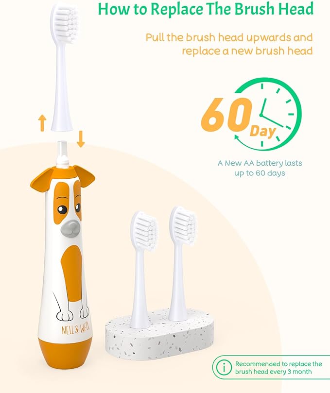 NELL&WELL Kids Electric Toothbrush, 2-Min Timer, 3 Modes with Memory, IPX 7 Waterproof, Battery Powered Kids Toothbrush with 3 Soft Bristles Heads for Children Boys and Girls Ages 3+