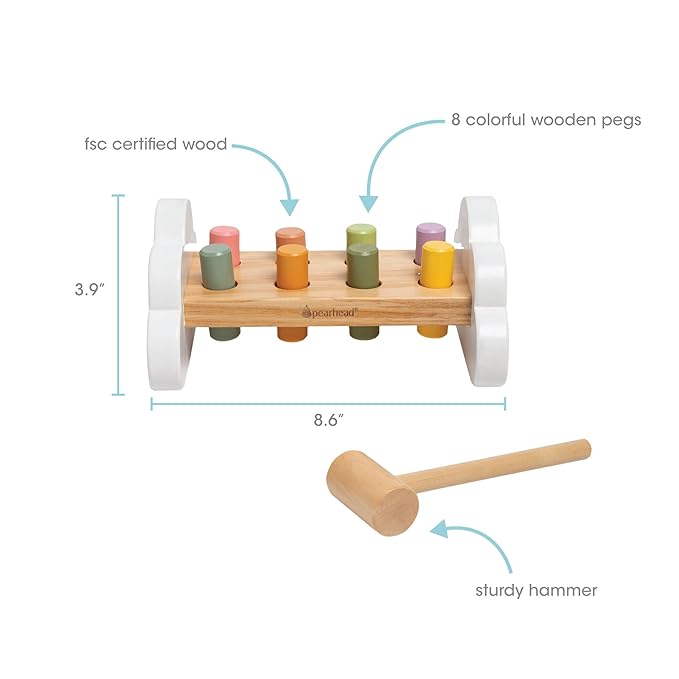 Pearhead Montessori Hammer Bench Toy, Pounding and Hammering Wooden Toy, Early Developmental Interactive Toddler Toy for Ages 1+ Years