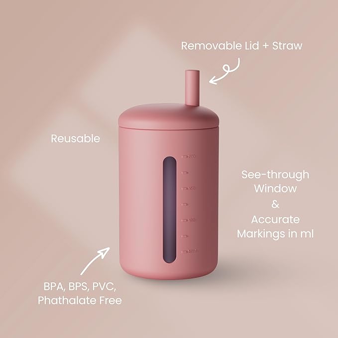 Silicone Straw Cup, 200ml Trainer Cup Toddler Training Straw Cup for Boys and Girls, Unbreakable, 100% Food Grade Silicone (Blush/Mauve)