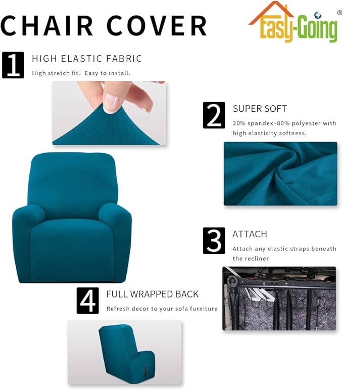 Easy-Going 4 Pieces Microfiber Stretch Recliner Slipcover – Spandex Soft Fitted Sofa Couch Cover, Washable Furniture Protector with Elastic Bottom for Kids, Pet(Recliner, Peacock Blue)