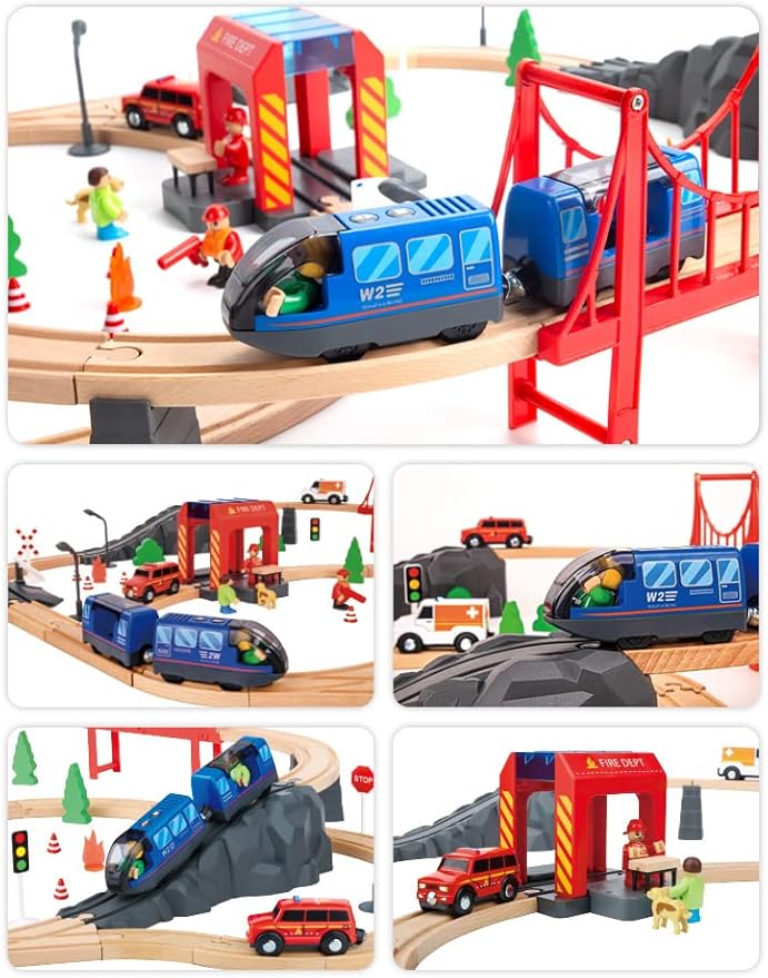 Wooden Train Track Expansion Pack, Train Accessories of City Fire Station Compatible for All Major Brands Train Set, Train Toys Railway System for Kids Ages 3 and Up.