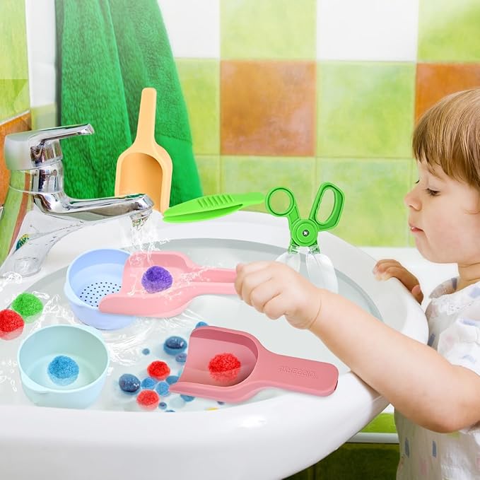 Madzee 7 Pieces Fine Motor Skill Toys for Children, 3 Silicone Scoops, 2 Nesting Bowls, 1 Tweezer, 1 Scooper - Sensory Bin Accessories