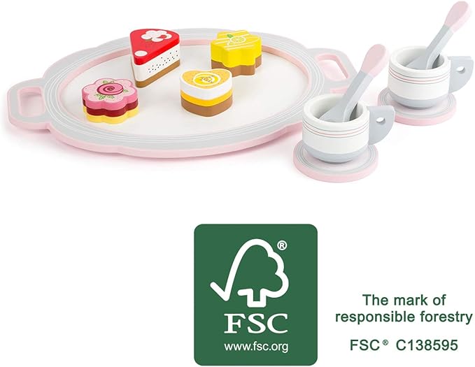 small foot wooden toys Coffee and Cake 11 pcs. Playset for Two Cute Stuffed Animals, Perfect for Small Coffee Parties in The Children's Room or Garden Designed for Children Ages 3+, Multi