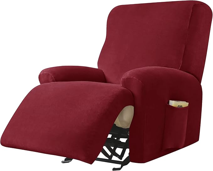 OBCREAT High Stretch Recliner Chair Cover Soft Velvet Recliner Slipcovers 4 Pieces Lazy Boy Recliner Couch Covers Plush Furniture Protector for Kids Pets (Wine Red)