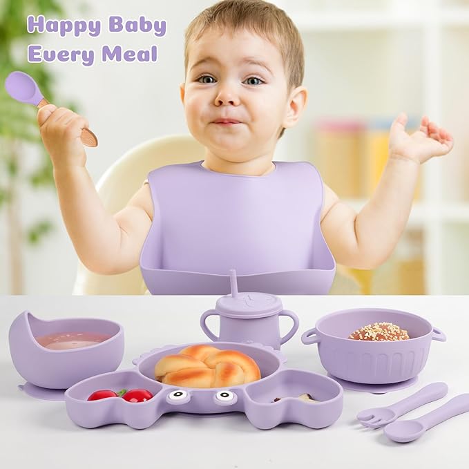 Silicone Baby Feeding Set 15 Pcs，Baby Spoons Suction Bowl Divided Plate Bib Cup Finger Brush Teething Teether，Baby Led Weaning Supplies,Baby & Toddler Silicone Plates and Bowls Dining Set（purple）