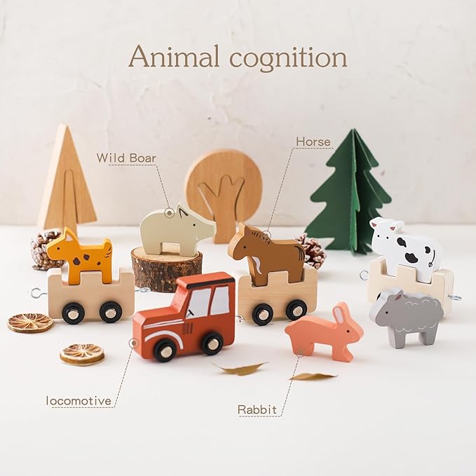 Wooden Train Set Toddler Toys for 3-5 Year Montessori Animal Figurines Train Toy Set Preschool Learning Activities Toys for Kids, Birthday Gift for Toddlers & Kids Aged 3+ (10 PCS)