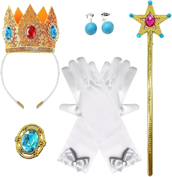 Princess Peach Costume Dress up Accessories for Girls Peach Gloves Tiara Crown Wand Brooch Earrings Halloween Cosplay Accessories Christmas Gifts Set (White Peach)