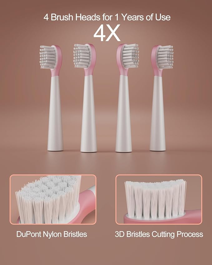 Kids Sonic Electric Toothbrush for Ages 3+, IPX7 Waterproof, 3 Smart Modes with Memory,Includes 4 Replacement Brush Heads, Pink